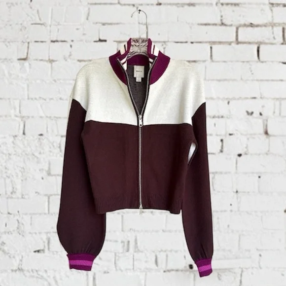 Anthropologie Maeve Brown/White/Pink Color Block Zippered Sweater Size Small - Picture 2 of 14